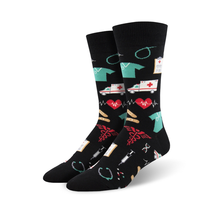 Pair of black crew socks with colorful medical icons: ambulances, hearts, bandages, stethoscopes, and more. A fun, quirky design. }}