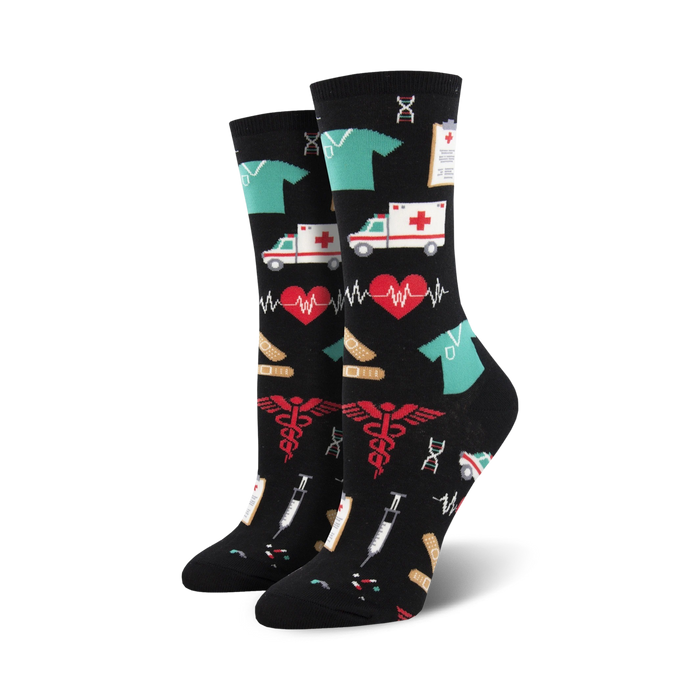 womens black crew socks with pattern of hearts, syringes, ekgs, pills, ambulances, and doctors.   }}