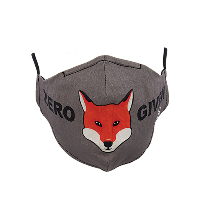 socks that are gray with a red fox on them. the fox has black eyes and a black nose. the words 'zero fox given' are written in black above and below the fox. }}