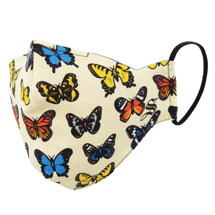 A white background with a pattern of colorful butterflies in blue, orange, yellow, white and black. The mask has black ear loops.