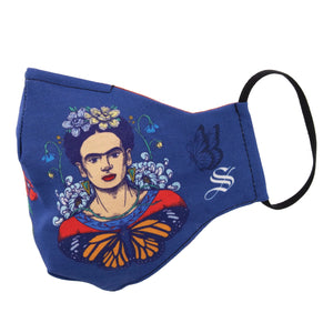 A blue Frida Kahlo-themed face mask with black ear loops. The mask has a picture of Frida Kahlo surrounded by flowers and a butterfly.