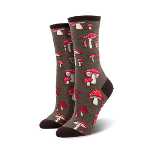 red spotted mushrooms grace brown crew socks made for women.   