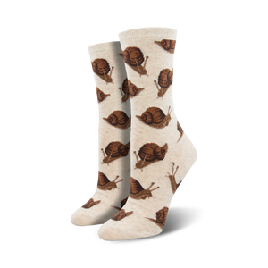 Pair of cream crew socks with repeating brown snail pattern.  Fun and quirky design.