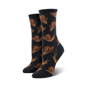 Close-up of dark grey crew socks with a repeating pattern of brown snails.