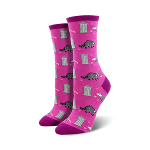 Pair of women's crew socks. Pink background with gray raccoons, hearts, and dumpsters.