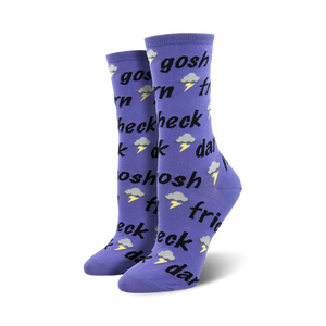 purple crew socks with cloud, lightning bolt patterns, and swear word embroideries for women.  