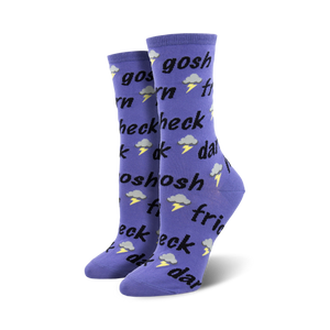 Pair of women's crew socks in purple and coral.  Features a repeating pattern of 'Gosh Darn Heck Frick' and lightning bolt illustrations.