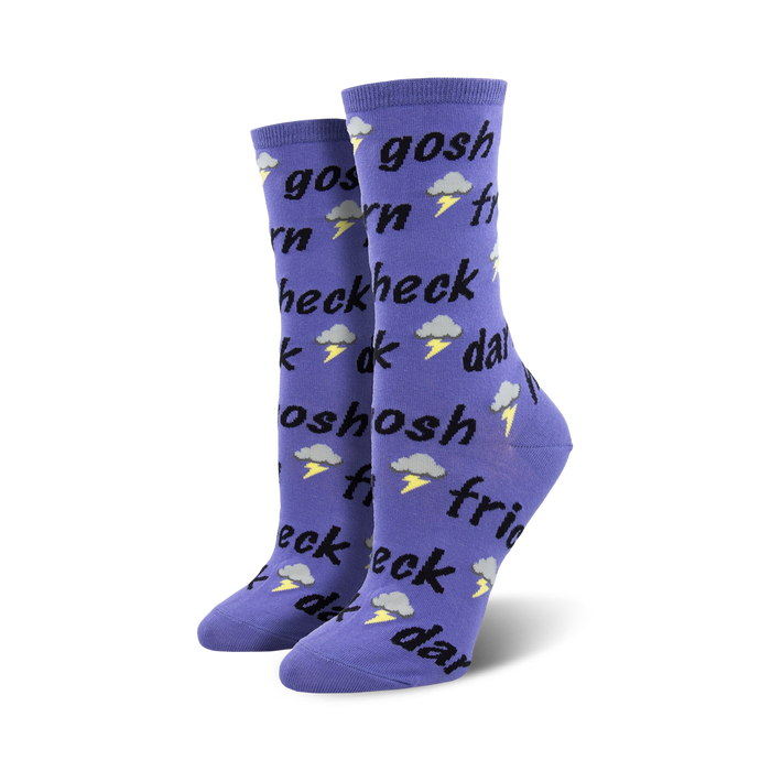 purple crew socks with cloud, lightning bolt patterns, and swear word embroideries for women.  