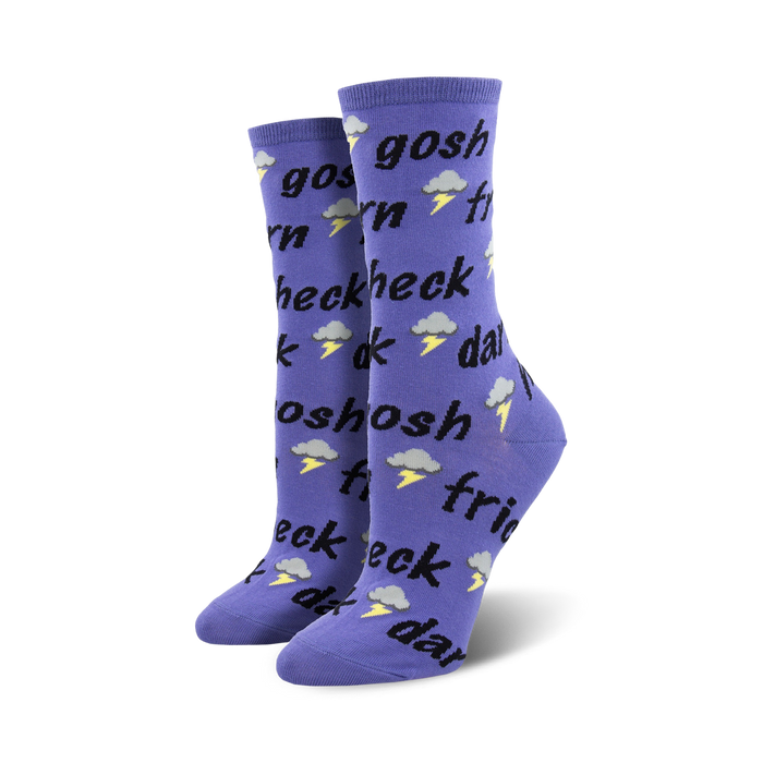 Pair of women's crew socks in purple and coral.  Features a repeating pattern of 'Gosh Darn Heck Frick' and lightning bolt illustrations.