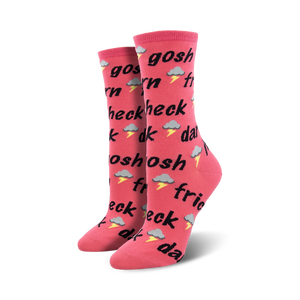 black text with swear words adorns crew length pink socks designed for women. theme is humorous.   