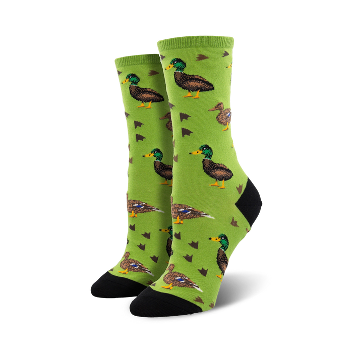 bright green crew socks with brown and teal duck pattern and black and green top band.   