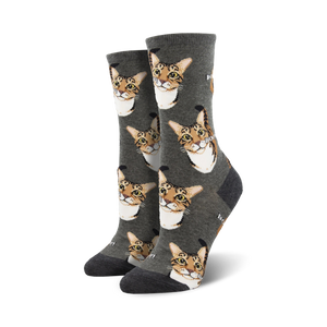 Pair of women's crew socks; grey background with repeating pattern of brown tabby cat faces and the word 'Boop'.