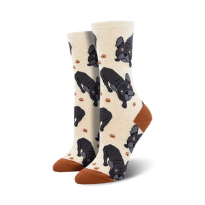 Cream crew socks with black French Bulldogs and brown paw prints.