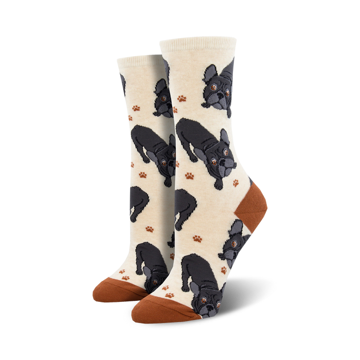Cream crew socks with black French Bulldogs and brown paw prints.