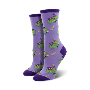 Lifestyle product shot of Freaky Frogs socks on a model's feet. The socks are the purple variant.