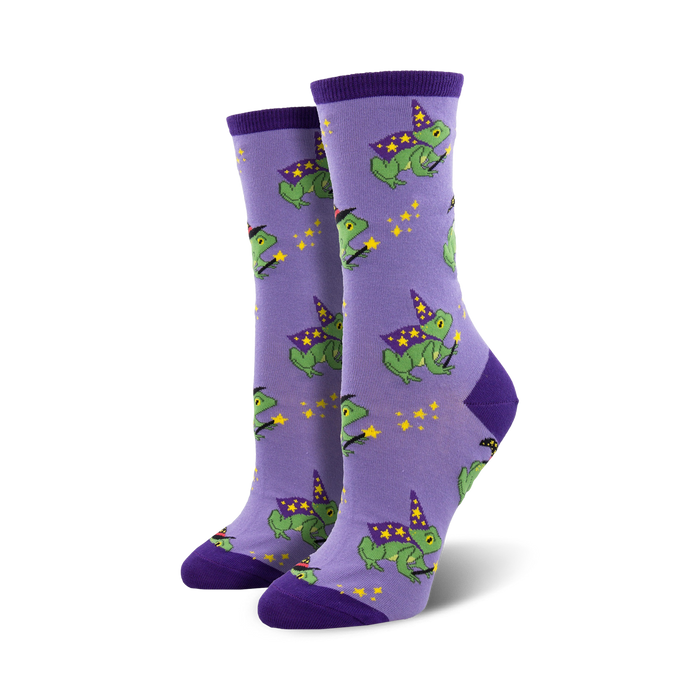 Lifestyle product shot of Freaky Frogs socks on a model's feet. The socks are the purple variant.