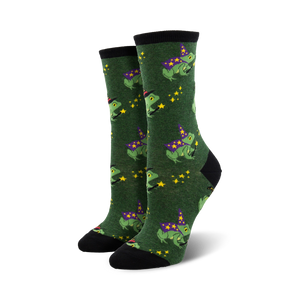 Pair of women's crew socks in green and purple; whimsical design of frogs wearing wizard hats and holding wands, accented with yellow stars.