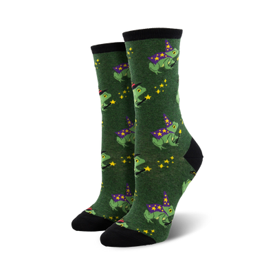 Pair of women's crew socks in green and purple; whimsical design of frogs wearing wizard hats and holding wands, accented with yellow stars.