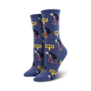 Pair of crew socks; blue background with repeating pattern of ostriches hiding their heads and 'Nope' signs.