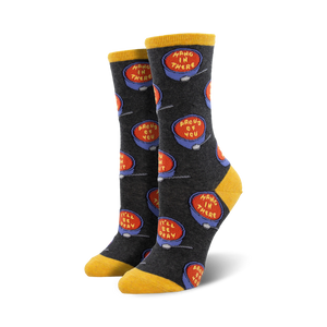 Close-up of a pair of dark gray crew socks with the same soup bowl design, but on a darker background.