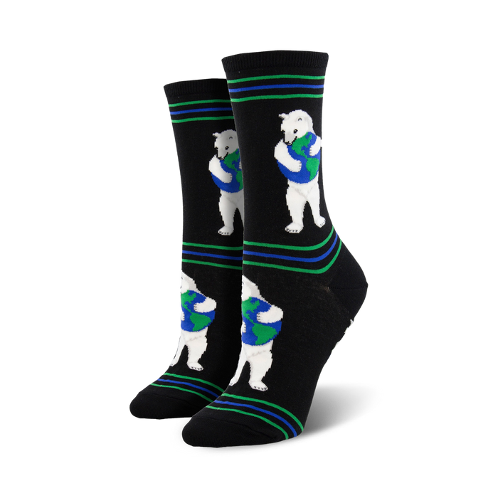 Pair of black crew socks with green and blue stripes and repeating image of a polar bear hugging a globe. }}