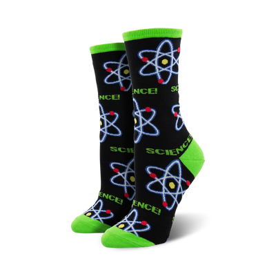 A pair of black crew socks with colorful atom designs and the word 'SCIENCE!'  Lime green accents at the cuffs add a pop of color.