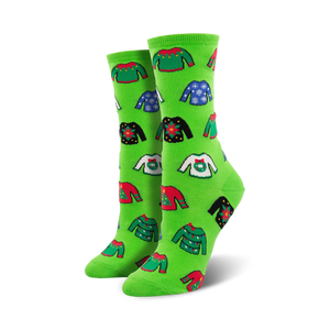 Pair of crew socks in bright green and red, featuring a whimsical all-over print of various holiday-themed ugly sweaters.