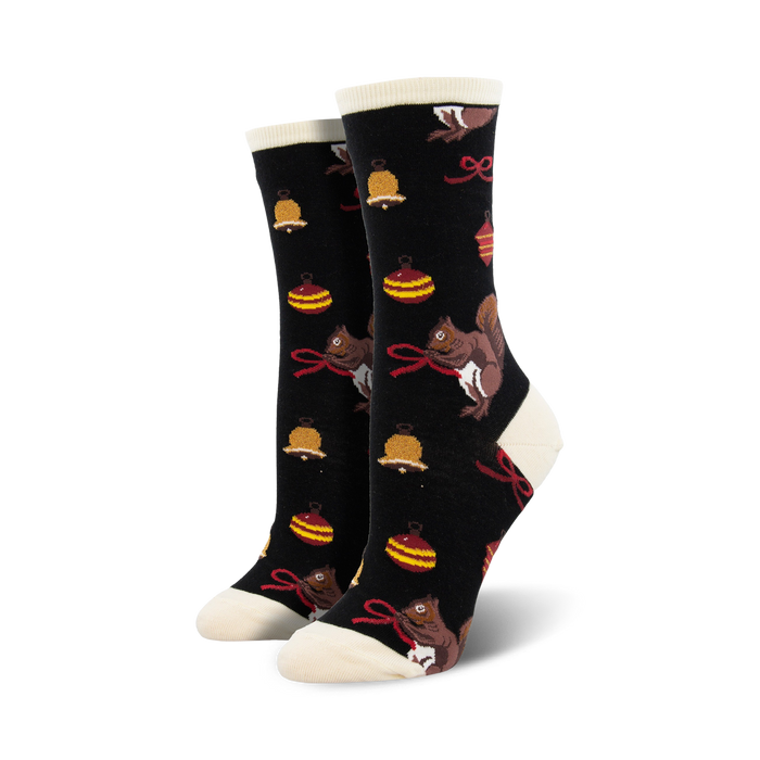 socks with pattern of santa squirrels, red bells and gold ornaments. crew length, womens, christmas theme.    }}