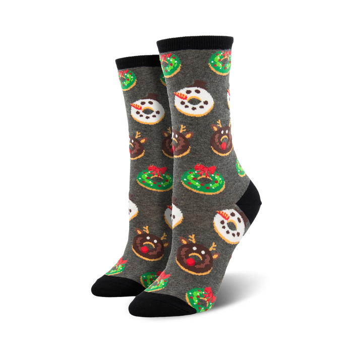 Crew socks in gray with a festive donut pattern. Donuts are decorated as reindeer, snowmen, and Christmas wreaths in red, green, and white. }}