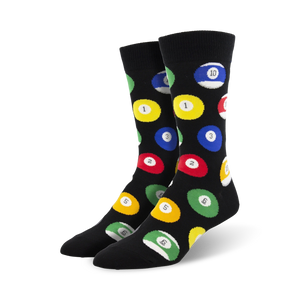 Pair of crew socks; black background with colorful billiard ball designs; numbers 1-10 shown.