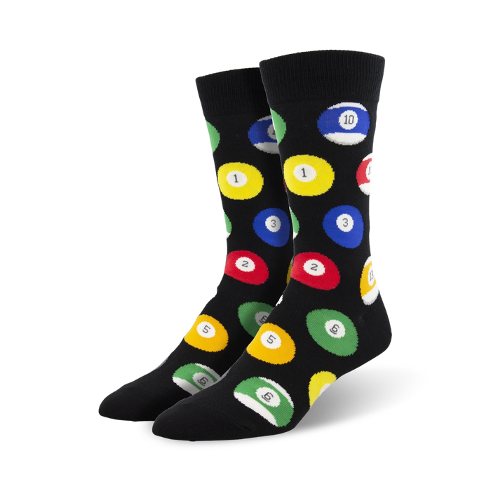 Pair of crew socks; black background with colorful billiard ball designs; numbers 1-10 shown.