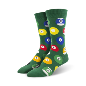 green crew socks with a pattern of red, yellow, blue, green, brown, orange, and purple billiard balls.  