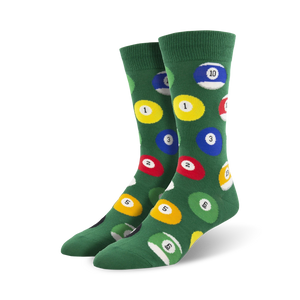 Lifestyle shot showing the green billiard ball socks on a person's feet.