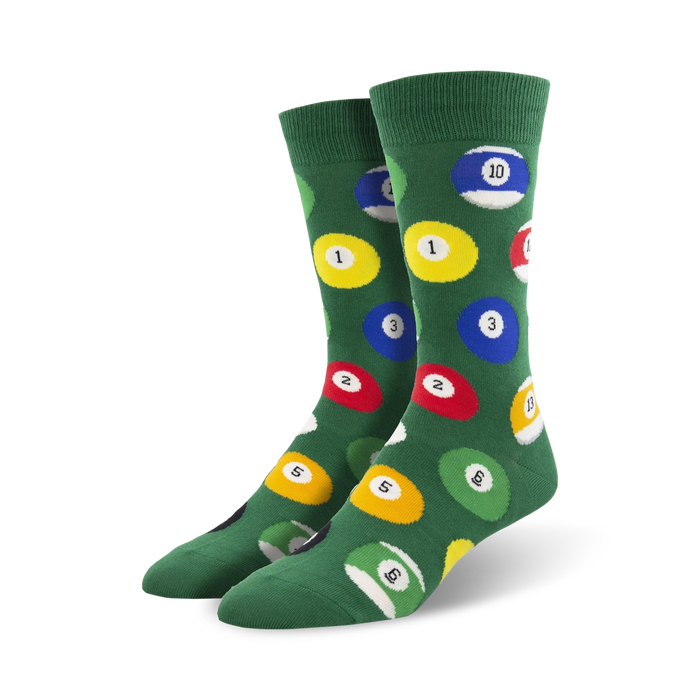 green crew socks with a pattern of red, yellow, blue, green, brown, orange, and purple billiard balls.  