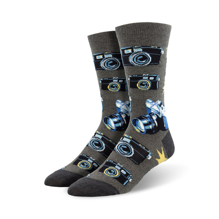 gray mens crew picture perfect socks with cartoon cameras    }}
