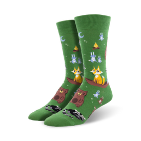 green mens crew socks with a pattern of brown bears, red foxes, blue and gray rabbits, and black raccoons engaged in woodland activities.  