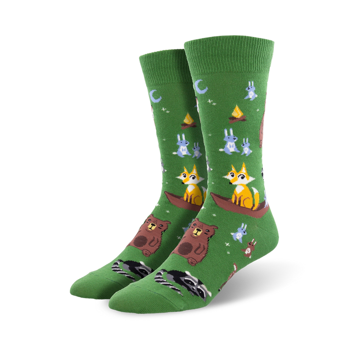 Crew socks in green with illustrated foxes, bears, bunnies, and raccoons enjoying a camping scene.  }}