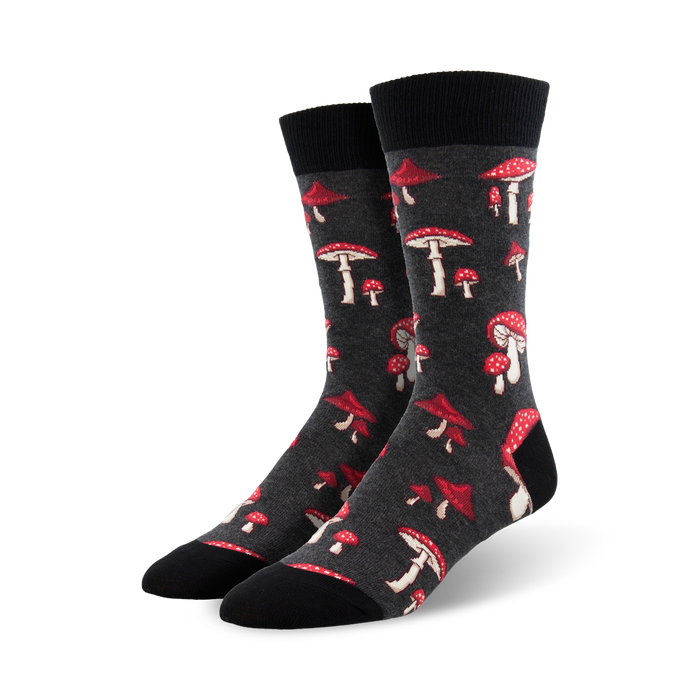 dark gray crew socks with whimsical red and white mushroom pattern for men seeking comfy and lighthearted attire.   }}