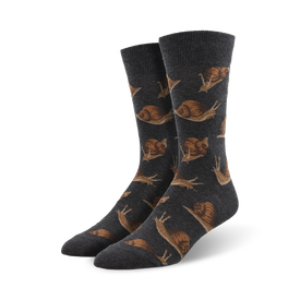 men's dark gray crew socks with an adorable brown snail pattern.   