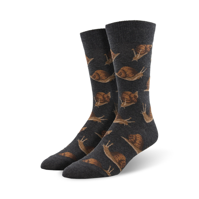 men's dark gray crew socks with an adorable brown snail pattern.    }}