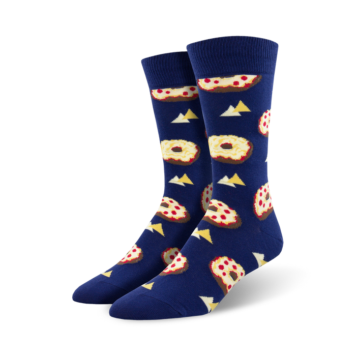 Pair of navy blue crew socks with repeating pizza and bagel images, separated by small yellow triangles. }}