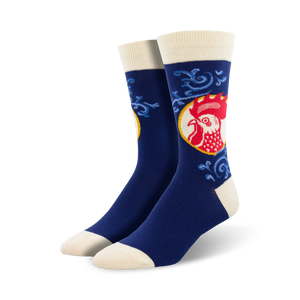 Lifestyle photo showing the Red Rooster socks on a person's feet.  The socks are the focal point.