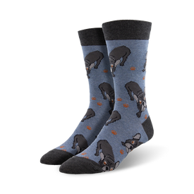 houndstooth pattern cartoon french bulldogs, gray top, blue background, crew socks, men  