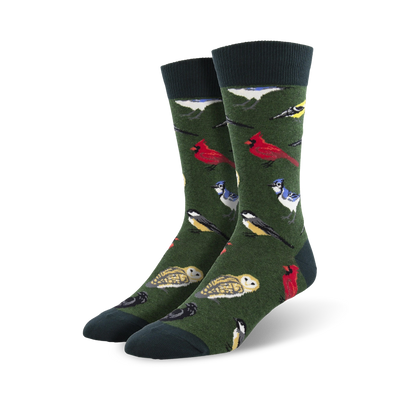 A pair of men's crew socks in deep green with colorful birds like cardinals, blue jays, owls, and more.