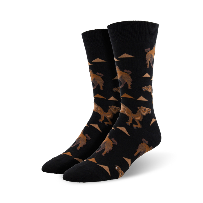 A pair of black crew socks with a repeating pattern of brown camels and tan triangles. Fun and quirky. }}