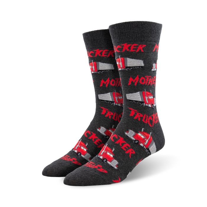 mens mother trucker fun gray crew socks with image of red trucks with word mother in white.   }}