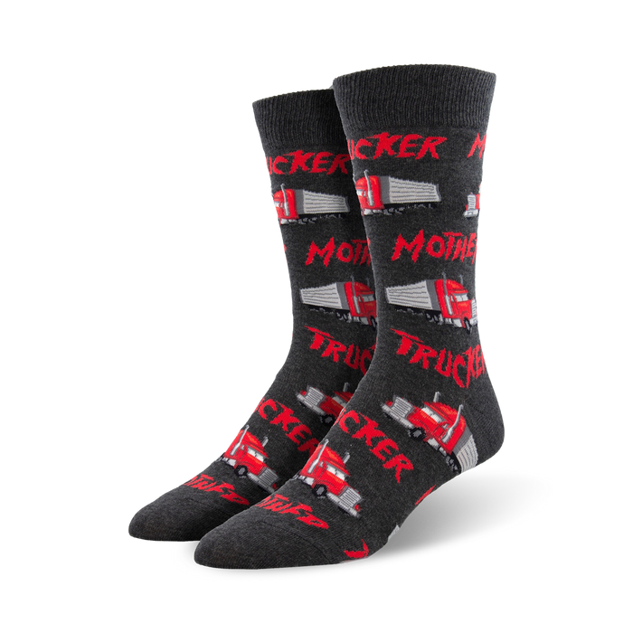 Pair of dark grey crew socks featuring red semi-trucks and the text 'Mother Trucker' repeated across the design. }}