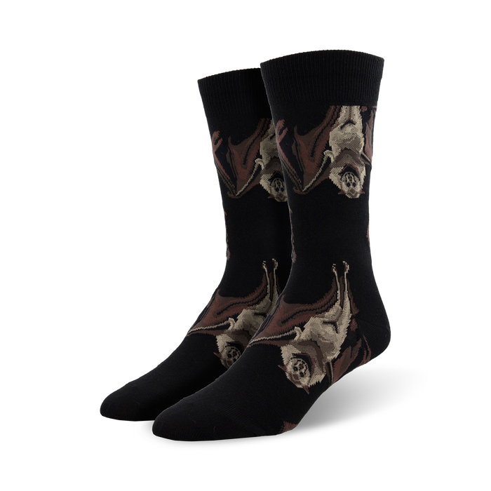 men's black crew socks with a repeating pattern of realistic brown bats. cotton/nylon/spandex; made in usa.  }}
