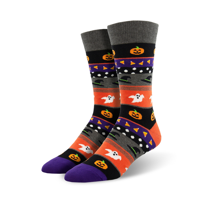  black crew socks with gray and orange stripes with purple toes and heels; halloween icons allover print; men's.    }}