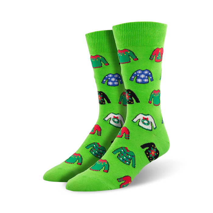 bright green crew socks featuring various designs of ugly christmas sweaters. perfect for men who love the holiday spirit.     